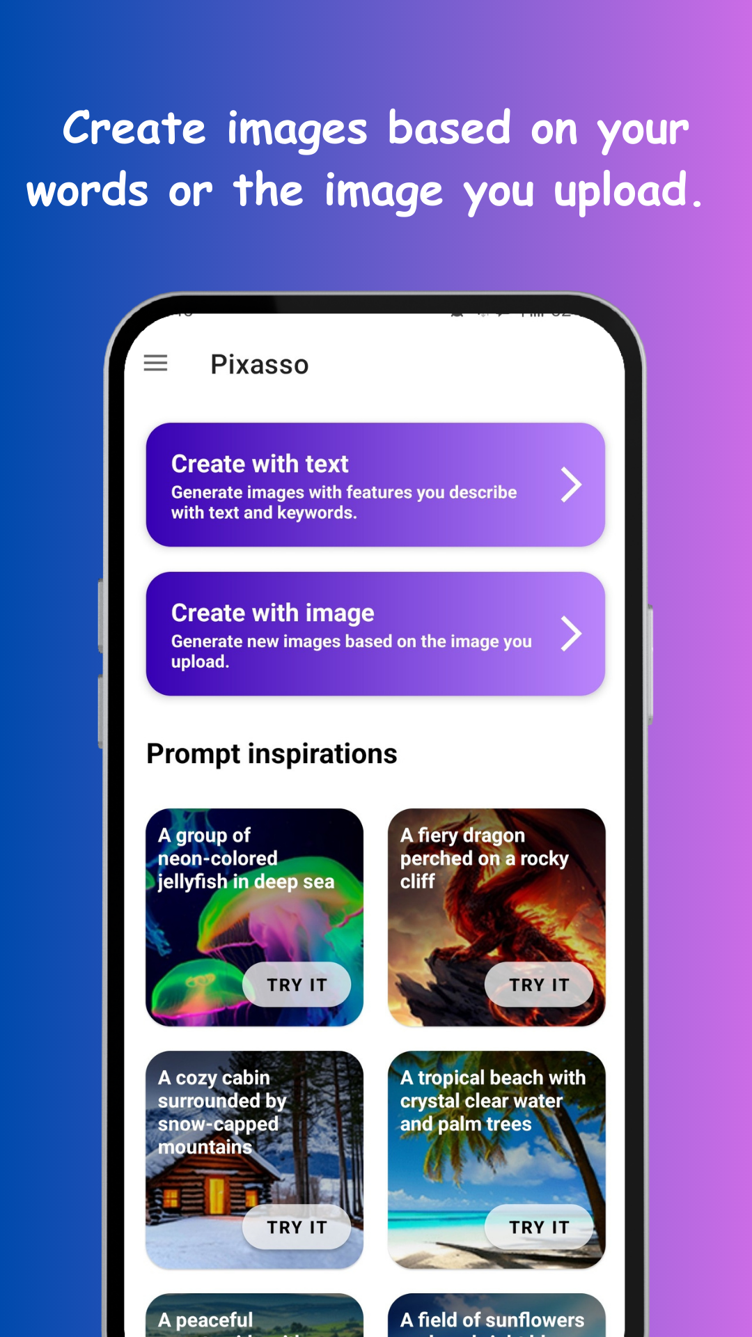 Pixasso AI art generator home screen with a text prompt ready to generate