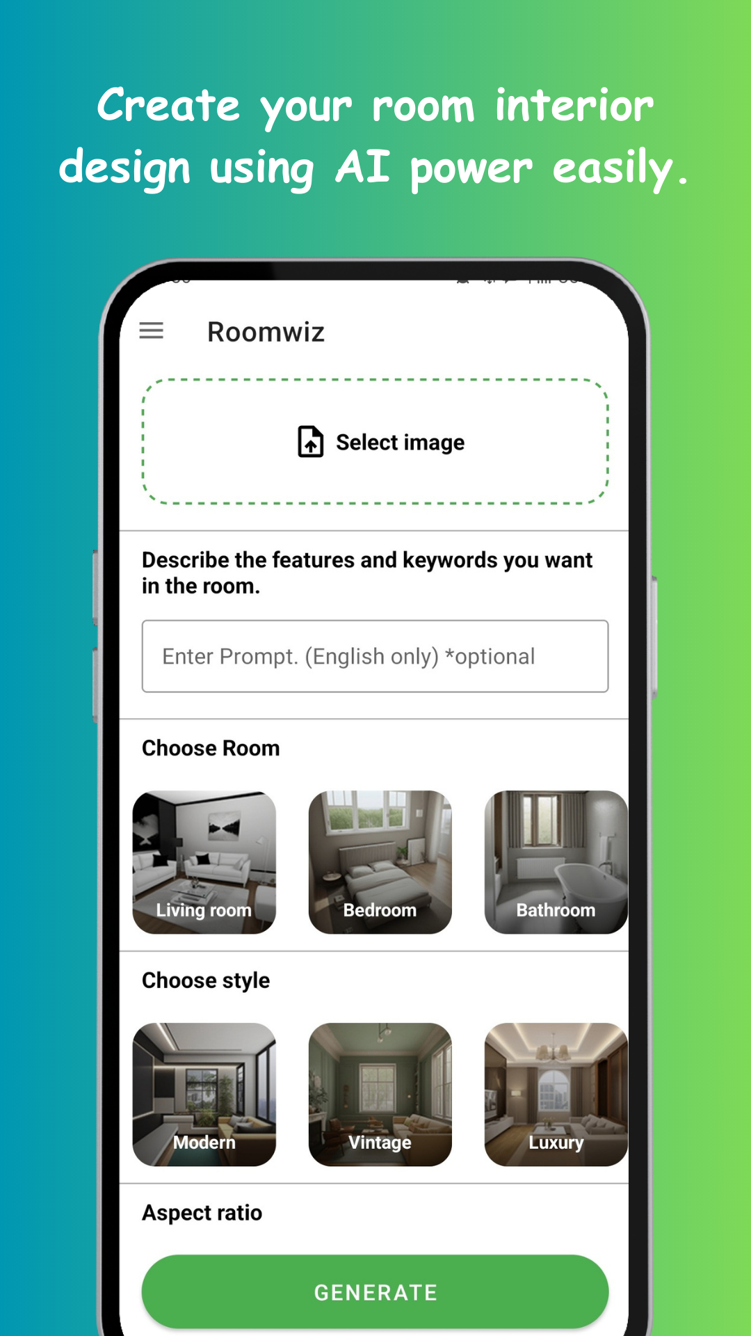 Roomwiz home screen: upload a room photo to start an AI redesign