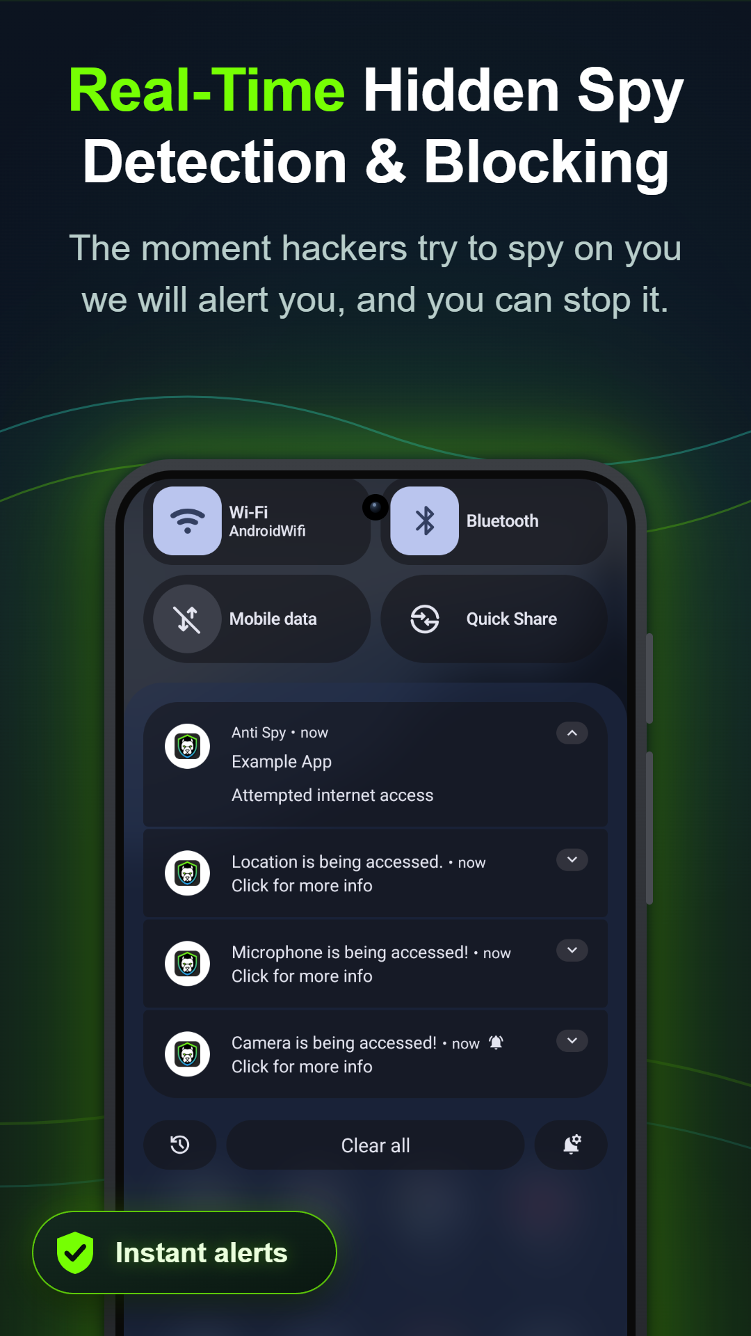Real-time hidden spy detection: Android notifications alerting that camera, microphone and location are being accessed