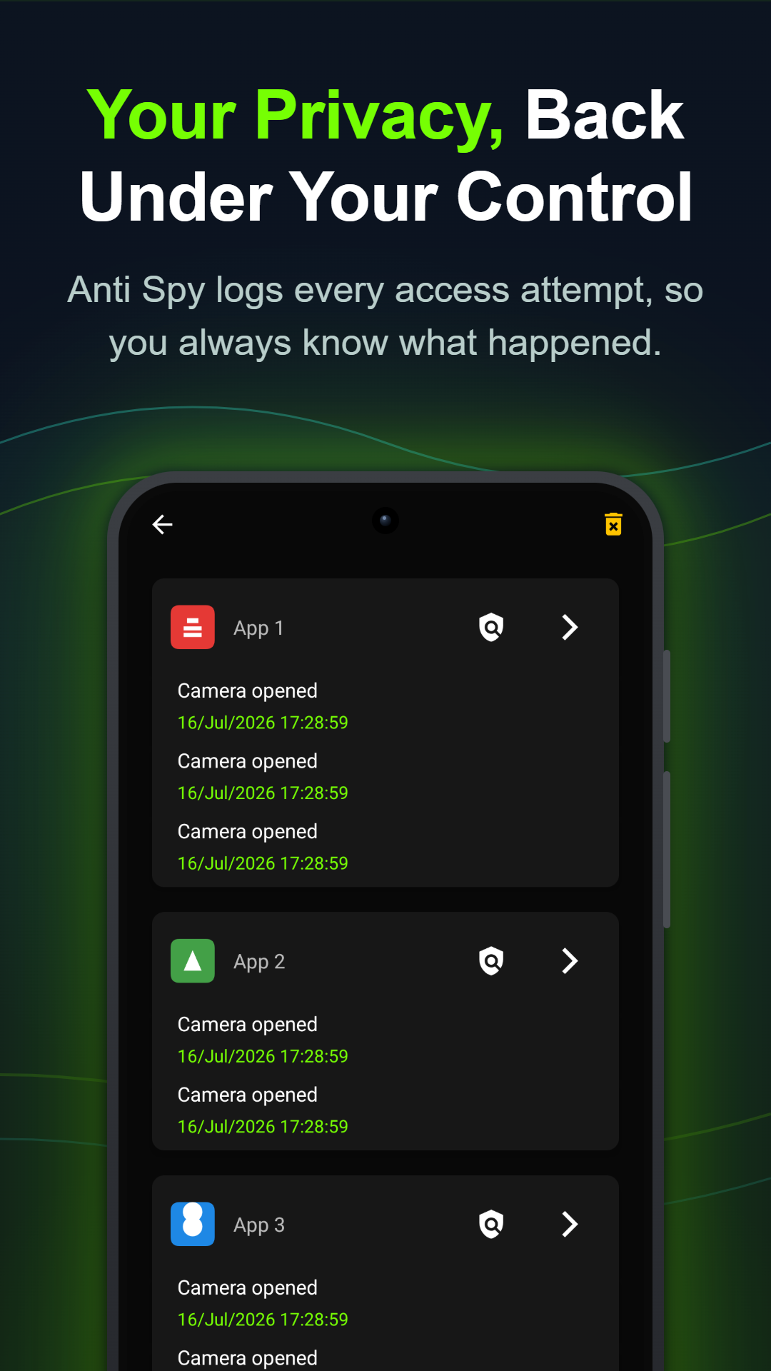 Real-time security alert details showing which app accessed a sensor and when
