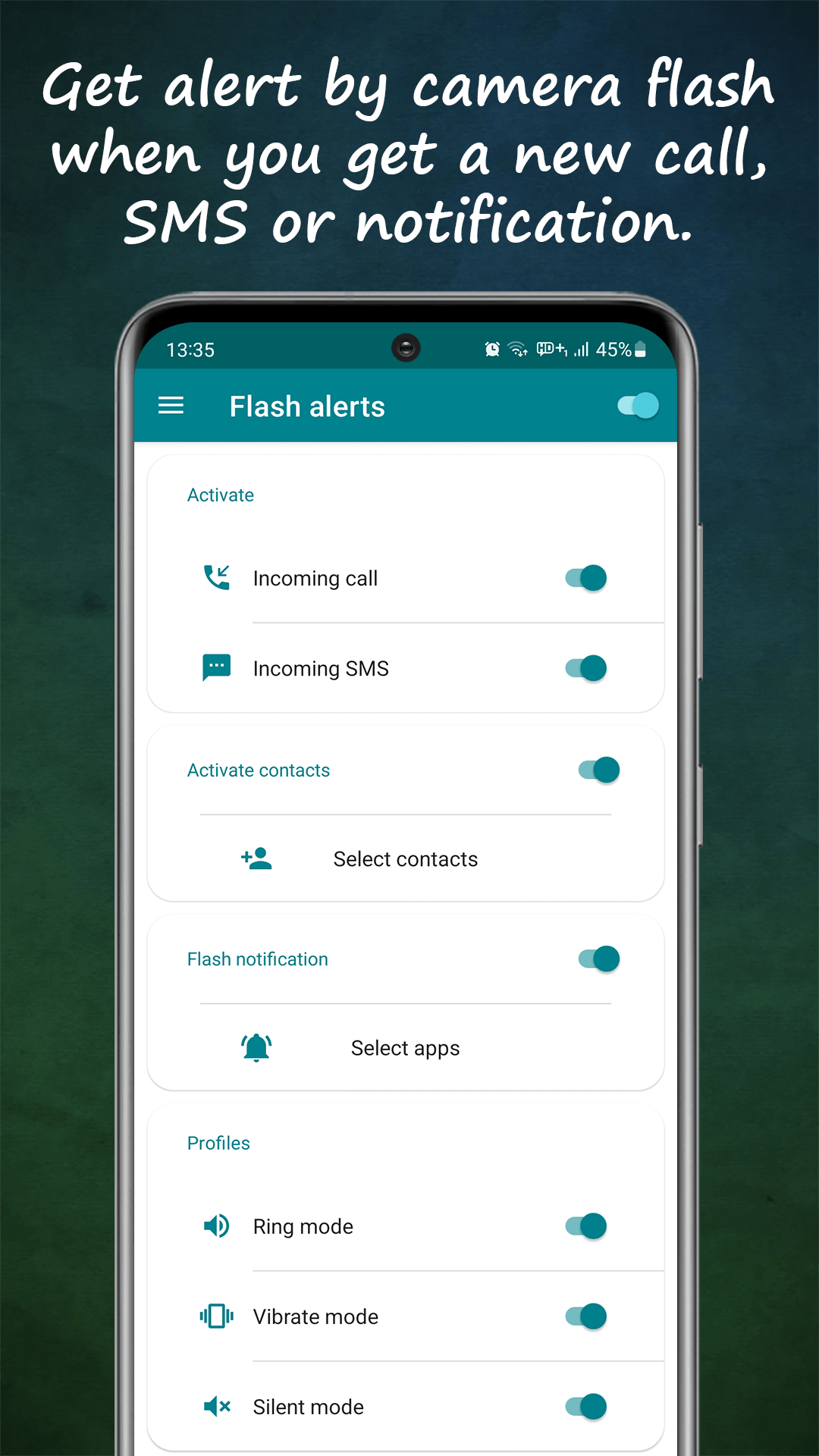 Flash Alert home screen with flash-on-call, SMS and notification toggles enabled