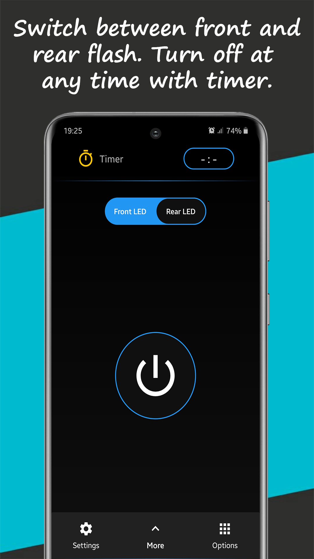 Flashlight app main screen with bright LED torch on