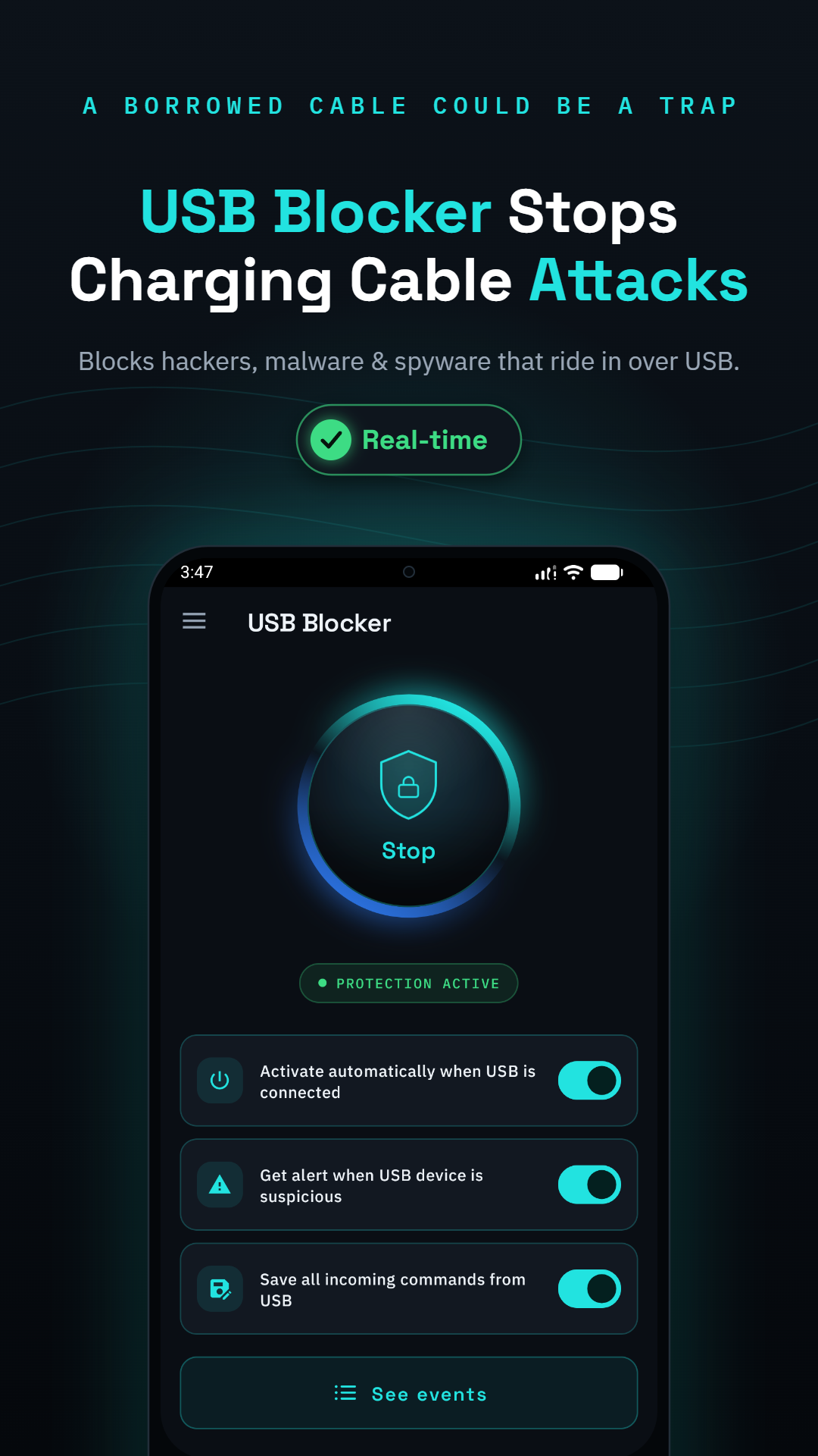 USB Blocker home screen with protection enabled, guarding against juice jacking attacks
