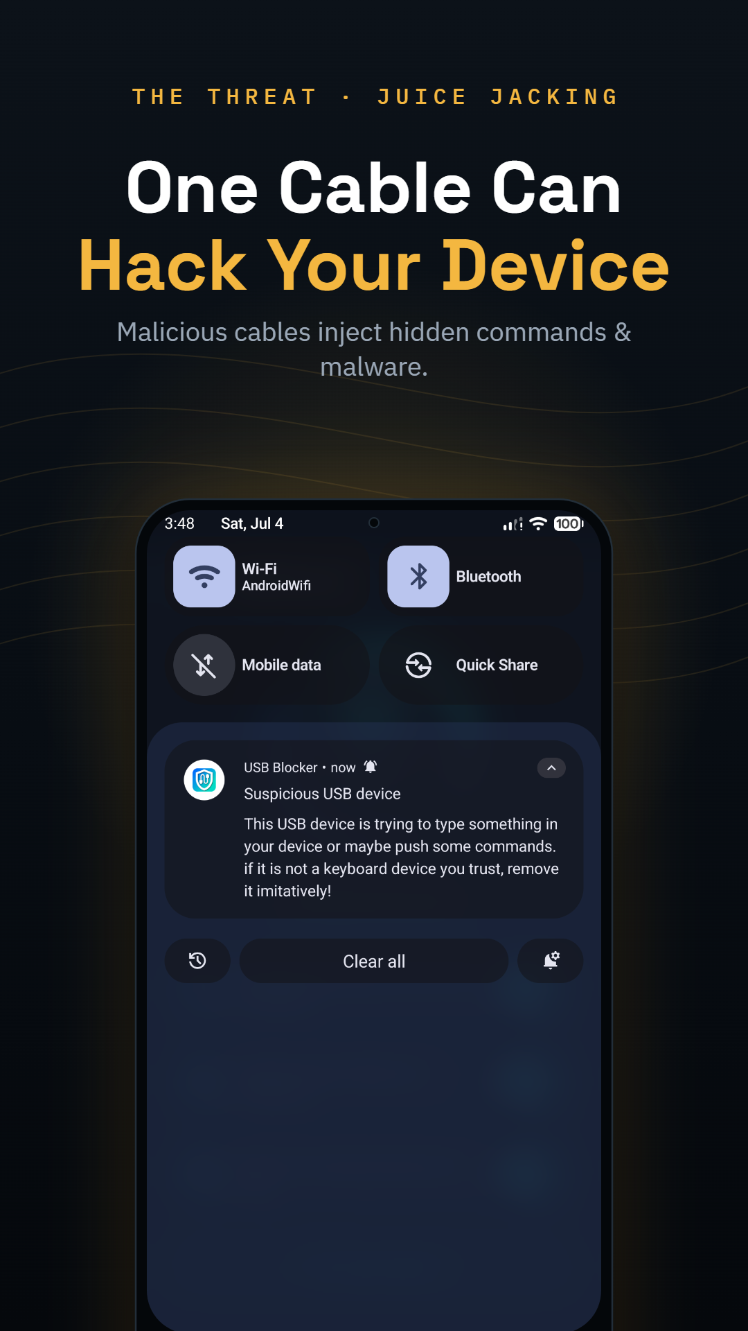 Real-time alert showing a malicious USB cable attempting to inject commands