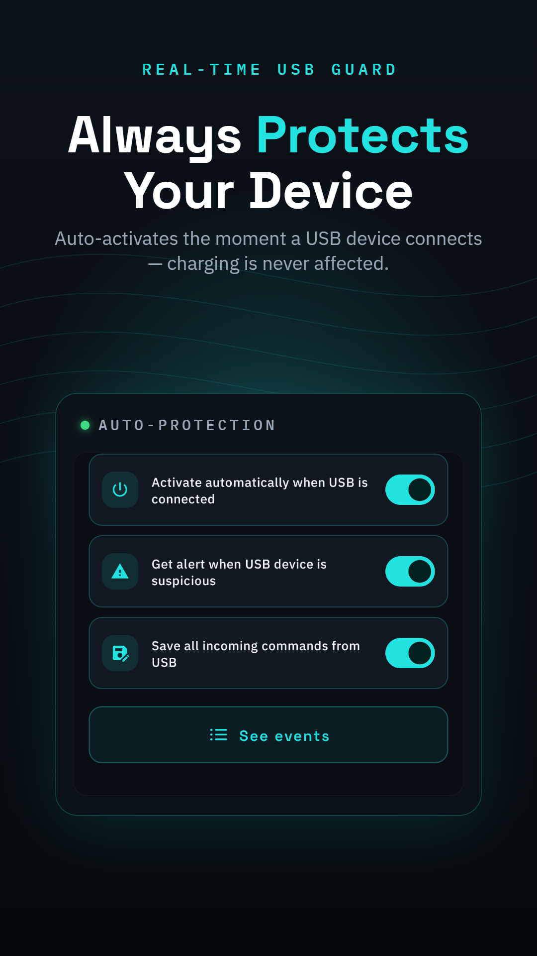 USB Blocker automatically activating the moment a USB device connects