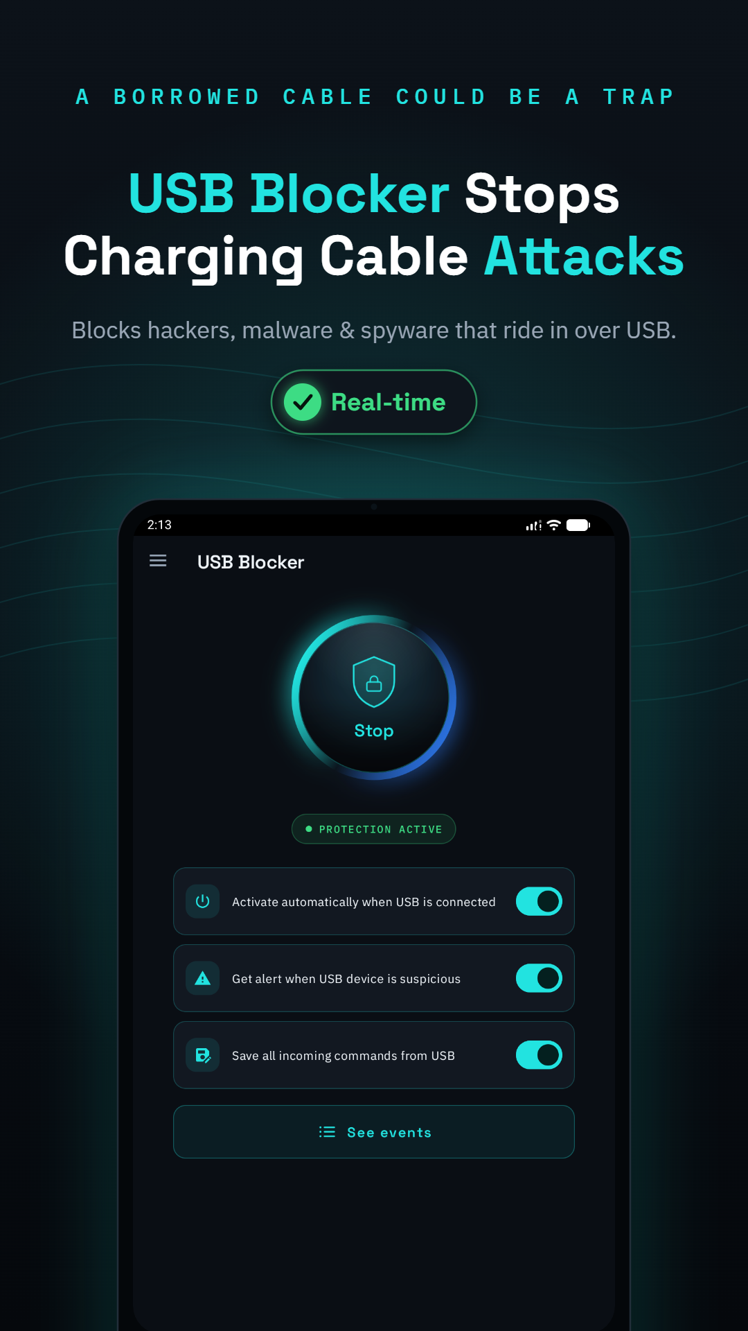 Explanation screen: how juice jacking attacks work at public chargers