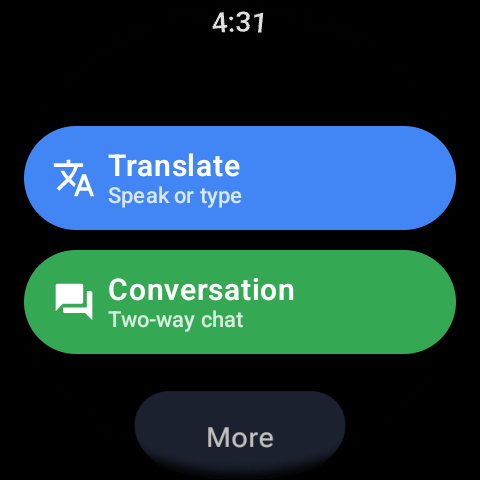 Translate for Wear OS main screen with a language pair ready to translate