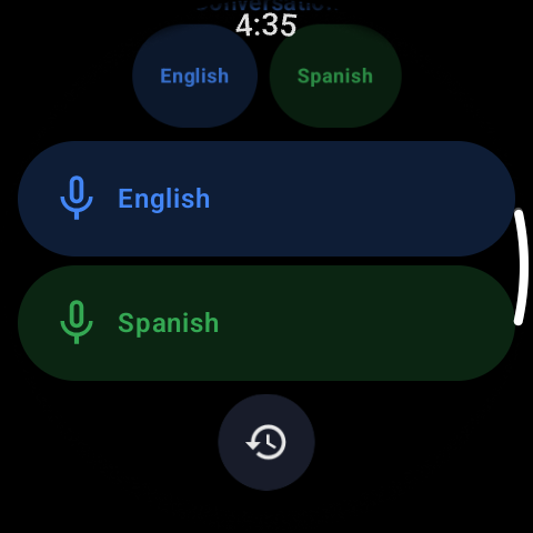 Conversation mode with a button for each language for two-way translation