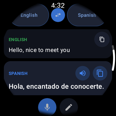 Translation history on the watch showing earlier phrases to reuse